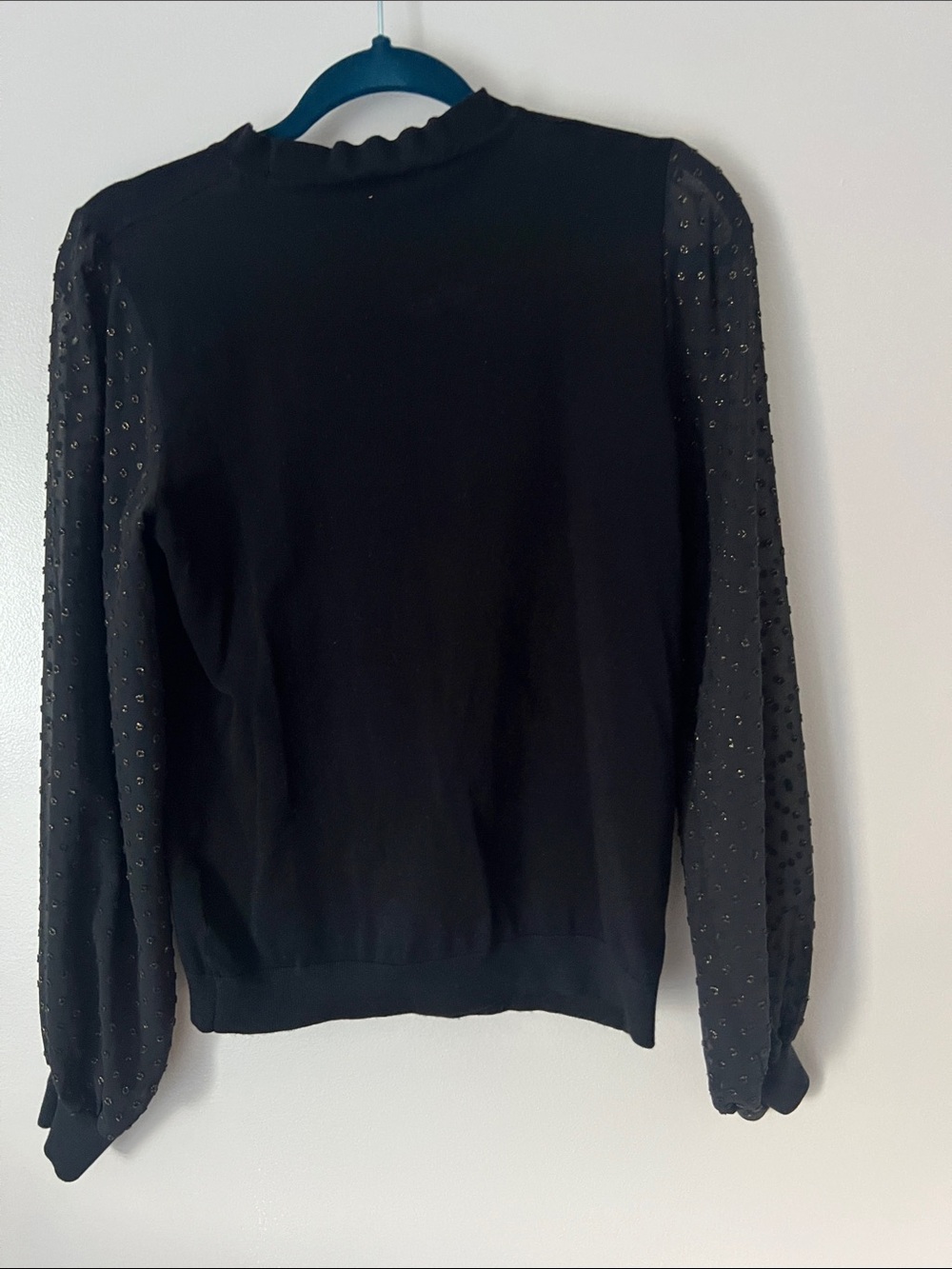 Adrianna Papell Black Crewneck Sweater with Sheer Dot Sleeves